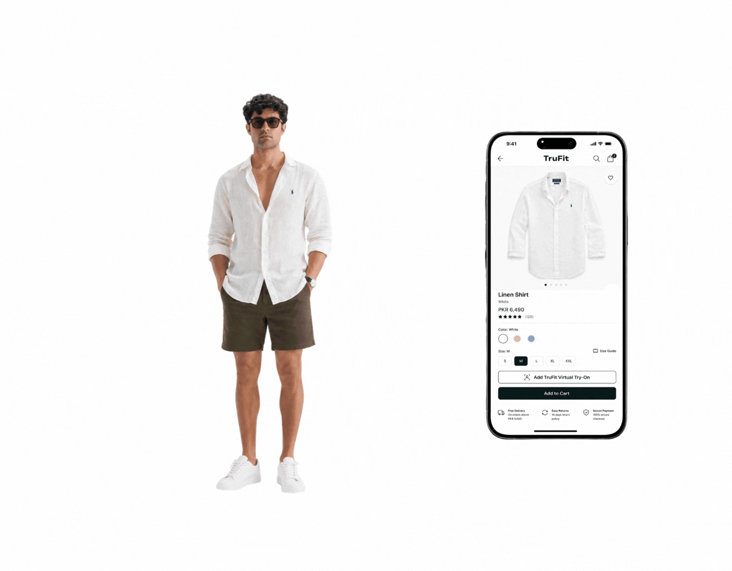 Shopper virtual try-on: same shopper, live product page, size M recommended